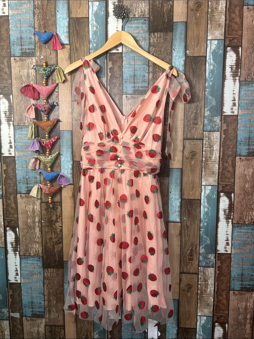 Sheer Pink Strawberry Print V-Neck Dress